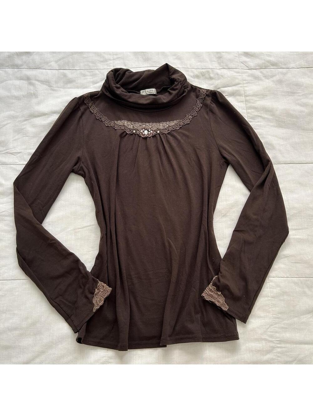 Axes Femme Brown Lace Trim Turtleneck Top Size M Japan